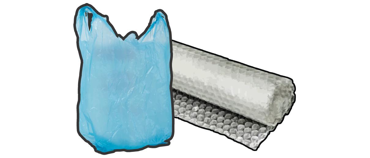 Illustration of a plastic grocery bag and rolled plastic film